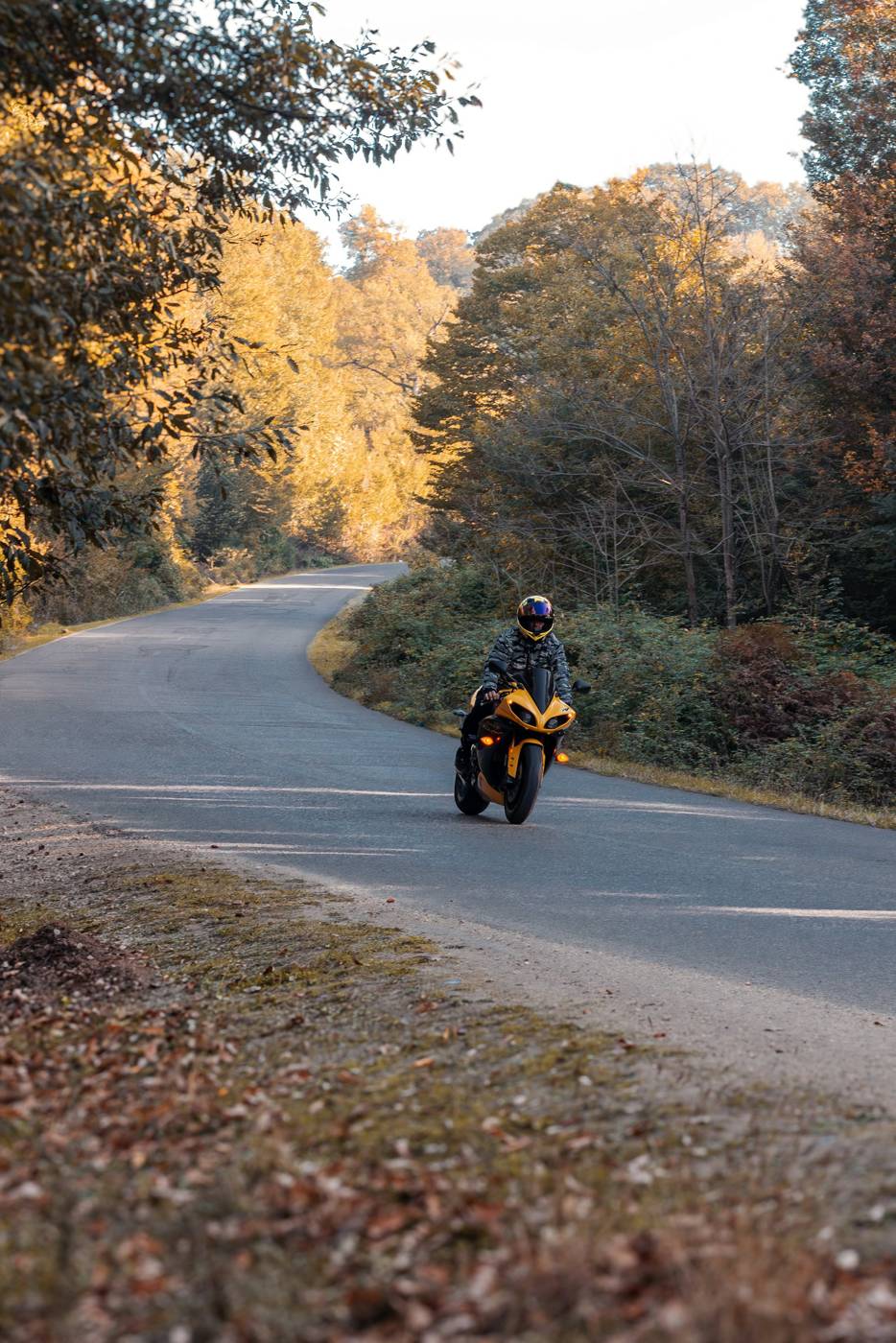 Fall riding Motorcyclist riding a quiet two-lane road through autumn trees