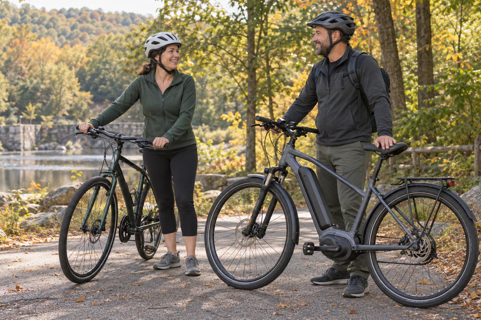 Two helmeted adults beside a bicycle and an electric bicycle on a leafy park path