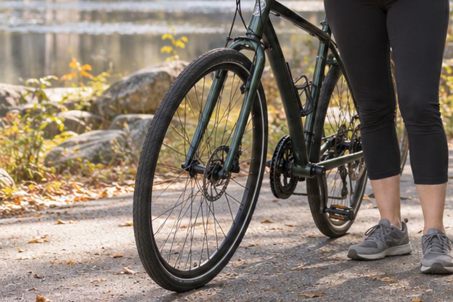 Bicycle standing on a leafy park path