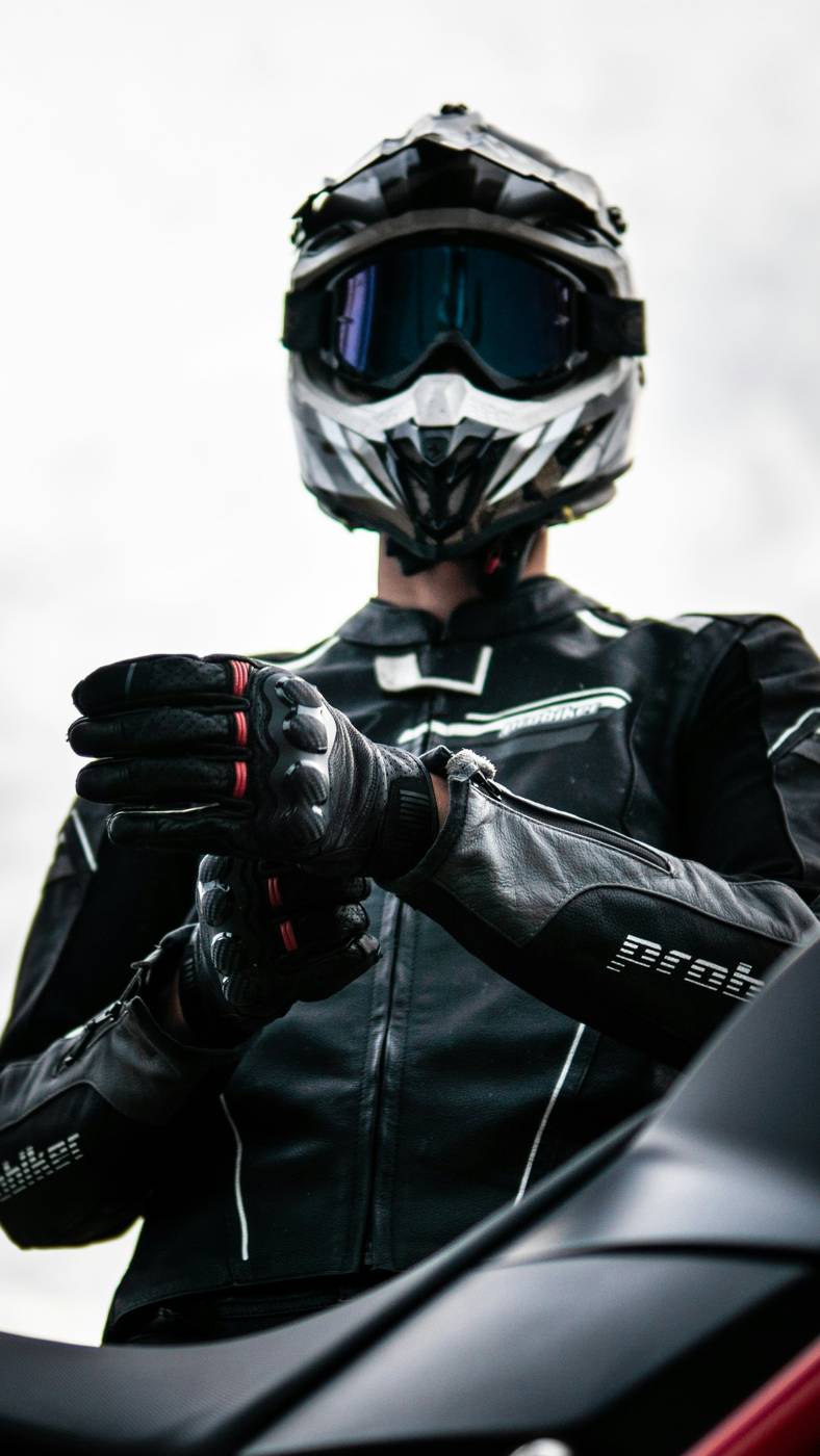 Motorcyclist in a full leather riding suit and helmet fastening gloves