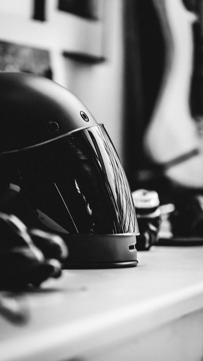 Full-face helmet Full-face motorcycle helmet resting on a table