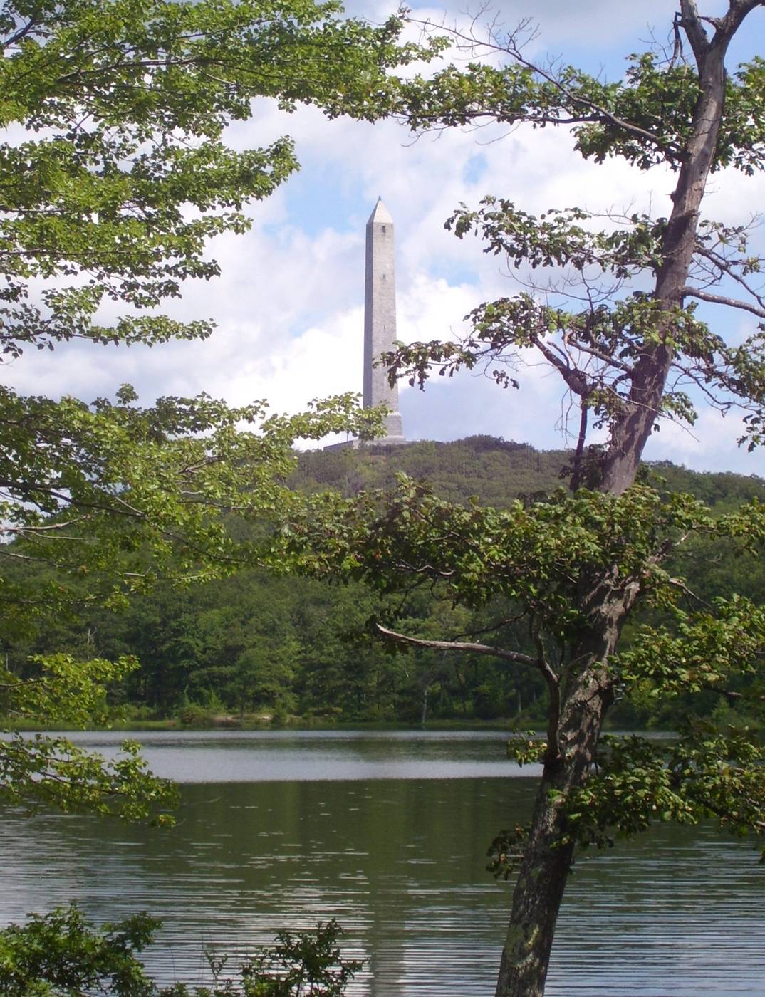 High Point Monument rising above Lake Marcia in High Point State Park, New Jersey