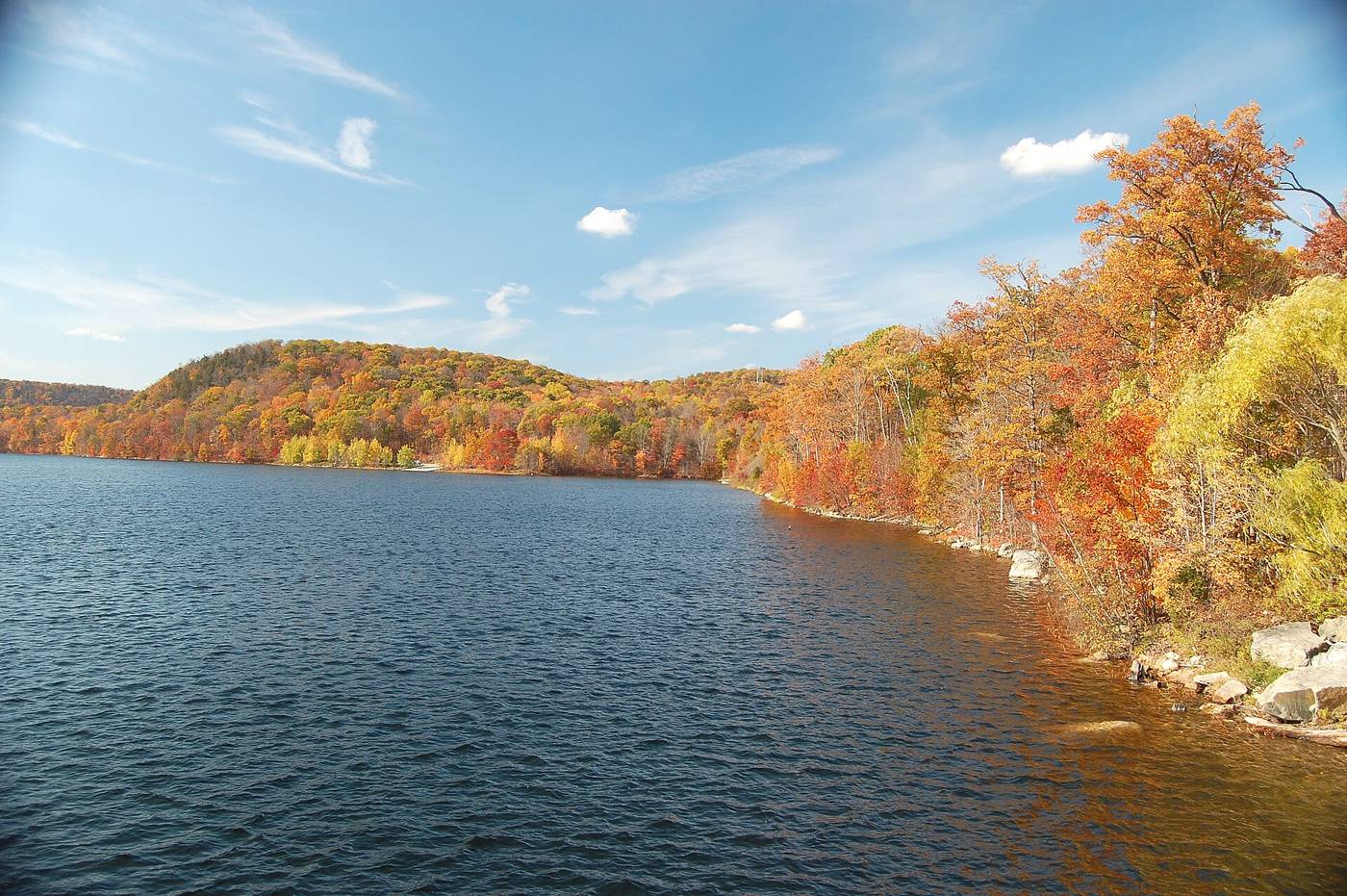 Monksville Reservoir in autumn color along Route 511 in Passaic County, New Jersey