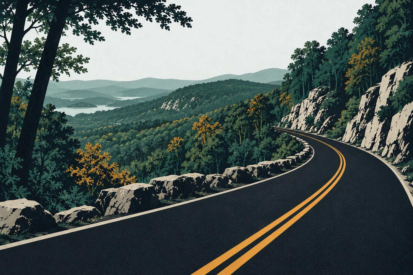 Illustration of Skyline Drive winding through the wooded Ramapo Mountains