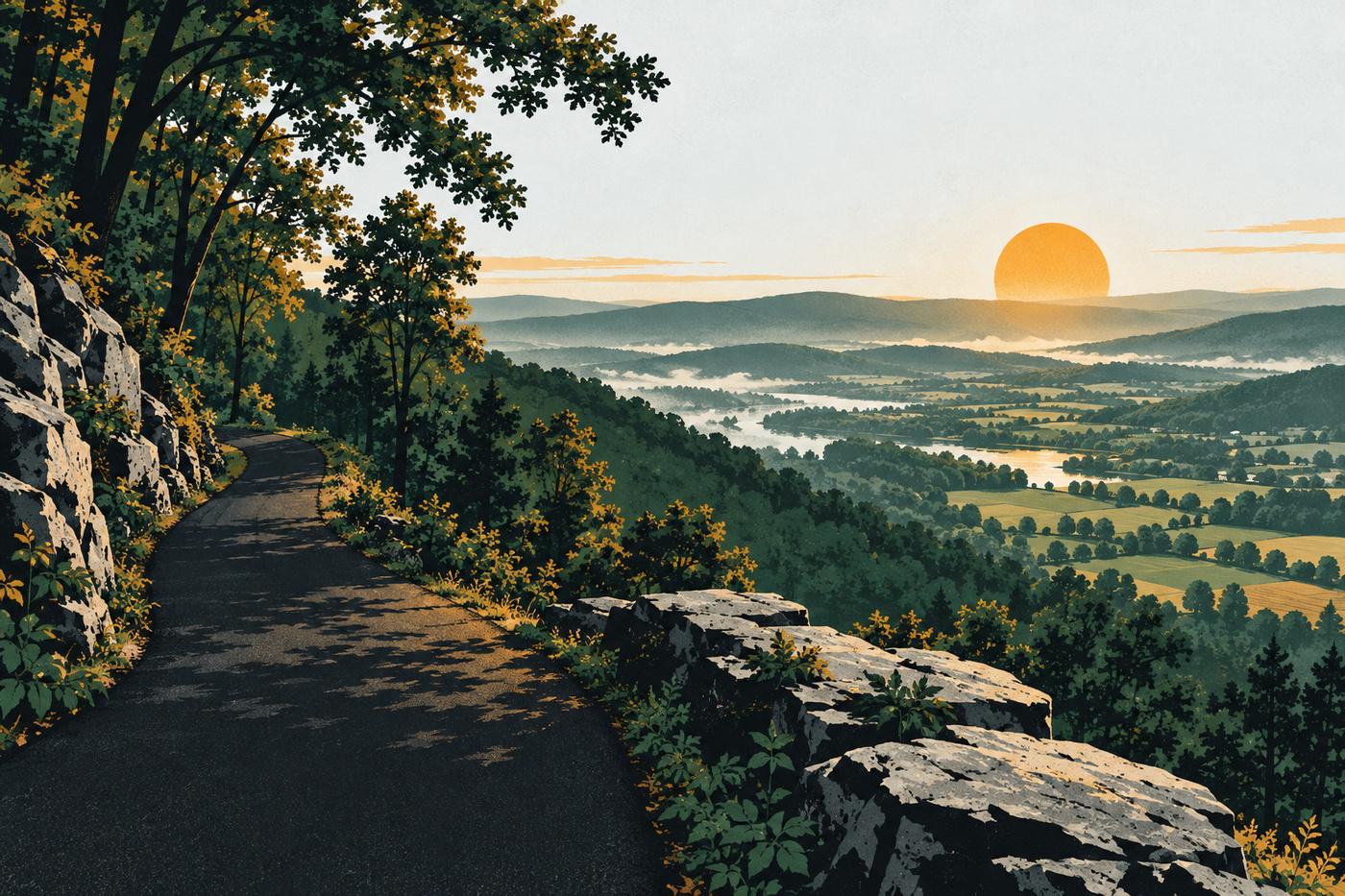 Illustration of the Sunrise Mountain road on the Kittatinny Ridge above farmland