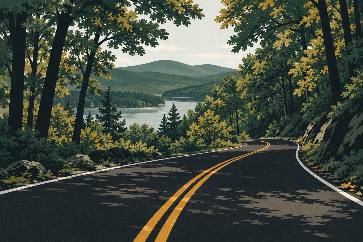 Illustration of Warwick Turnpike curving through forest with a lake beyond